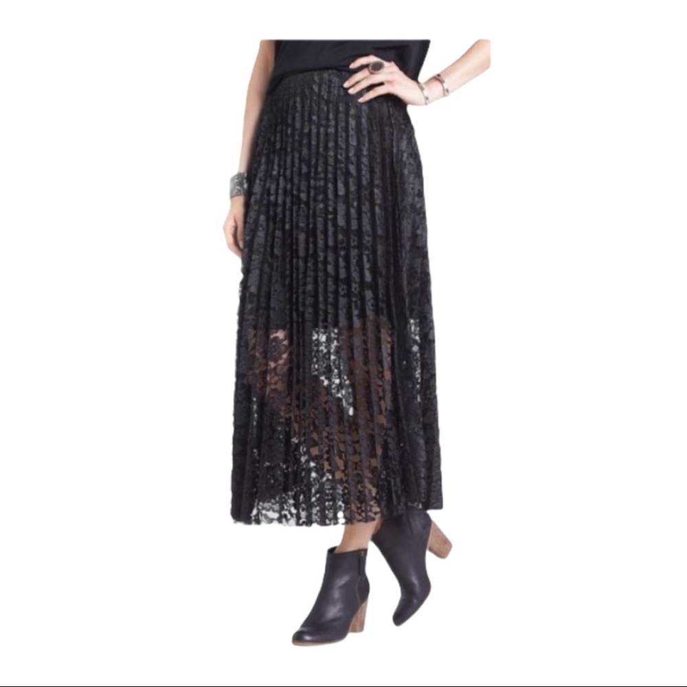 FREE PEOPLE Pretty Pleats Lace Knife Pleated Maxi Skirt Metallic Black size 4